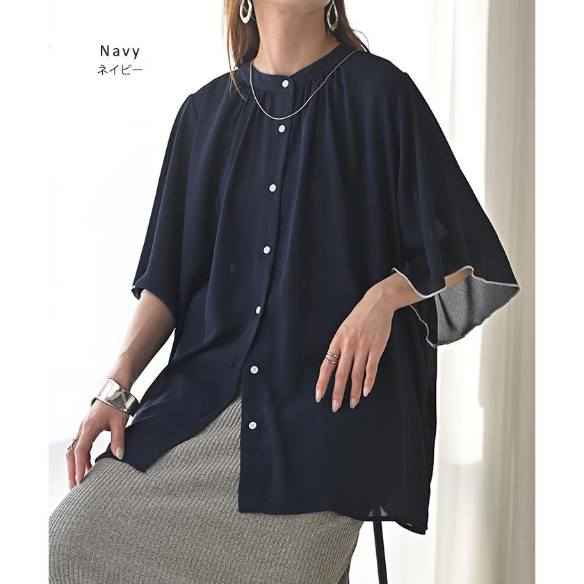 ブラウス レディース フリル シャツ ジャスト丈 二の腕を隠せる バンドカラー トップス きれいめ ギャザー スタンドカラー 通勤 | HUG.U | 21