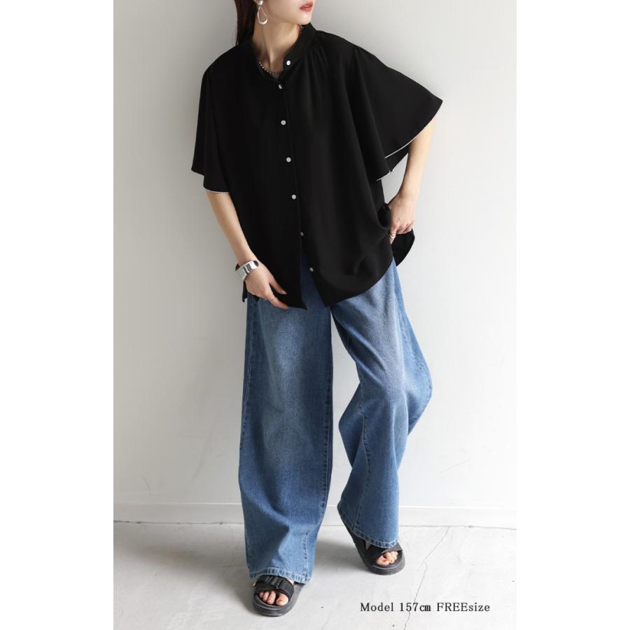 ブラウス レディース フリル シャツ ジャスト丈 二の腕を隠せる バンドカラー トップス きれいめ ギャザー スタンドカラー 通勤 | HUG.U | 08