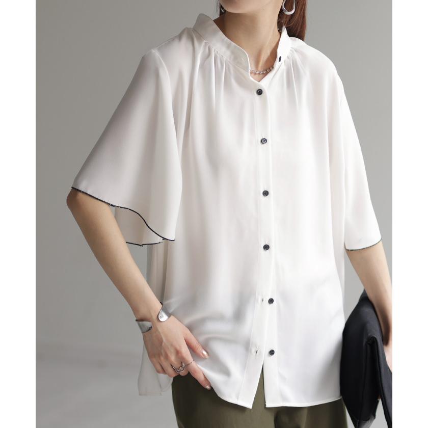 ブラウス レディース フリル シャツ ジャスト丈 二の腕を隠せる バンドカラー トップス きれいめ ギャザー スタンドカラー 通勤 | HUG.U | 10