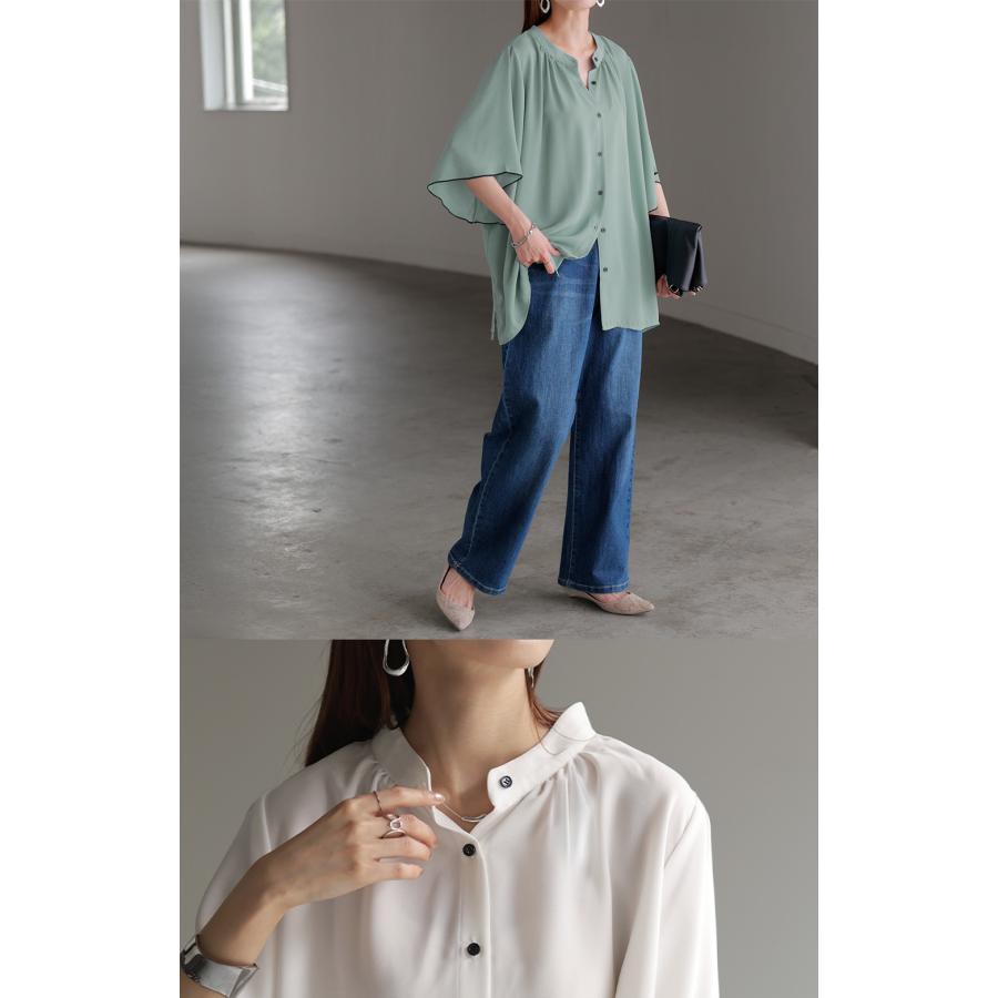 ブラウス レディース フリル シャツ ジャスト丈 二の腕を隠せる バンドカラー トップス きれいめ ギャザー スタンドカラー 通勤 | HUG.U | 11