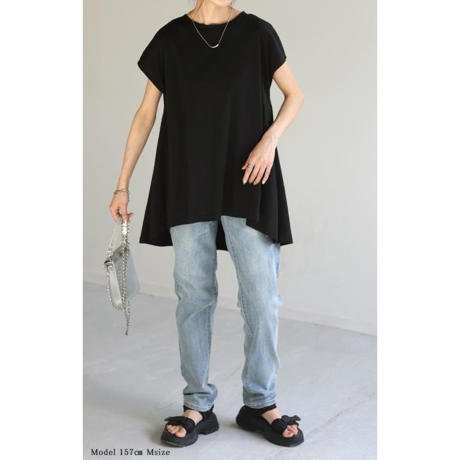Tシャツ 綿100％ 汗ジミ防止 レディース 半袖 バックギャザー フリル ロング フレンチスリーブ フレア 無地 | HUG.U | 13