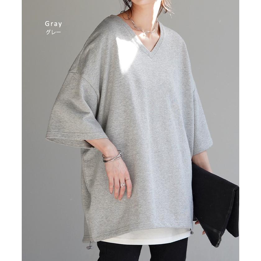 Tシャツ 綿100％ オーバーサイズ レディース 半袖 ロング Vネック 無地 体型カバー 2way デコルテ 裏パイル | HUG.U | 13