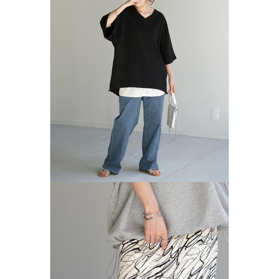 Tシャツ 綿100％ オーバーサイズ レディース 半袖 ロング Vネック 無地 体型カバー 2way デコルテ 裏パイル | HUG.U | 15