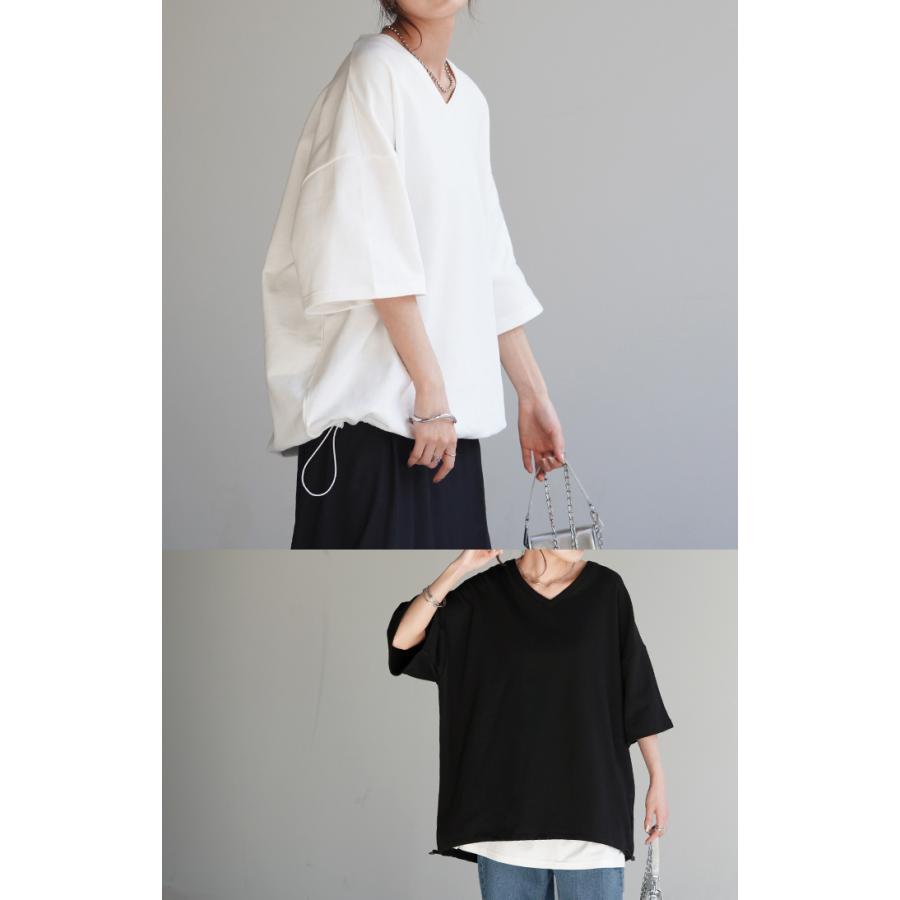 Tシャツ 綿100％ オーバーサイズ レディース 半袖 ロング Vネック 無地 体型カバー 2way デコルテ 裏パイル | HUG.U | 06