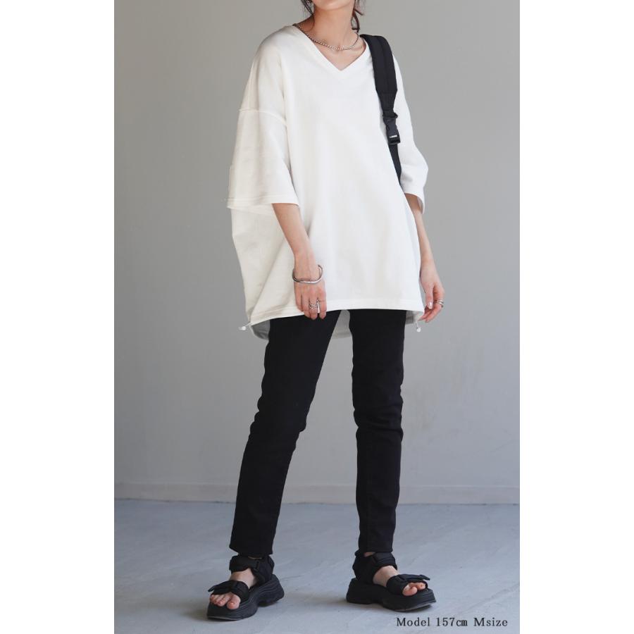 Tシャツ 綿100％ オーバーサイズ レディース 半袖 ロング Vネック 無地 体型カバー 2way デコルテ 裏パイル | HUG.U | 09
