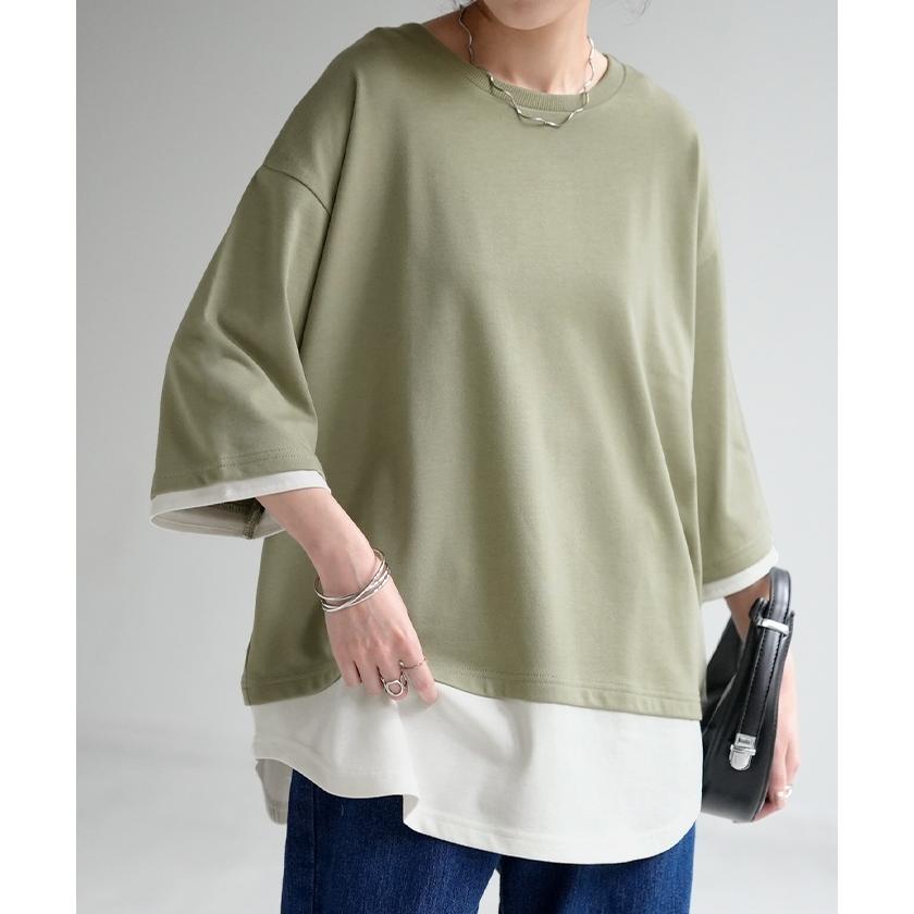 カットソー Tシャツ レイヤード 風 重ね着 二の腕カバー ドルマン ロング トップス ティーシャツ レディース | HUG.U | 07