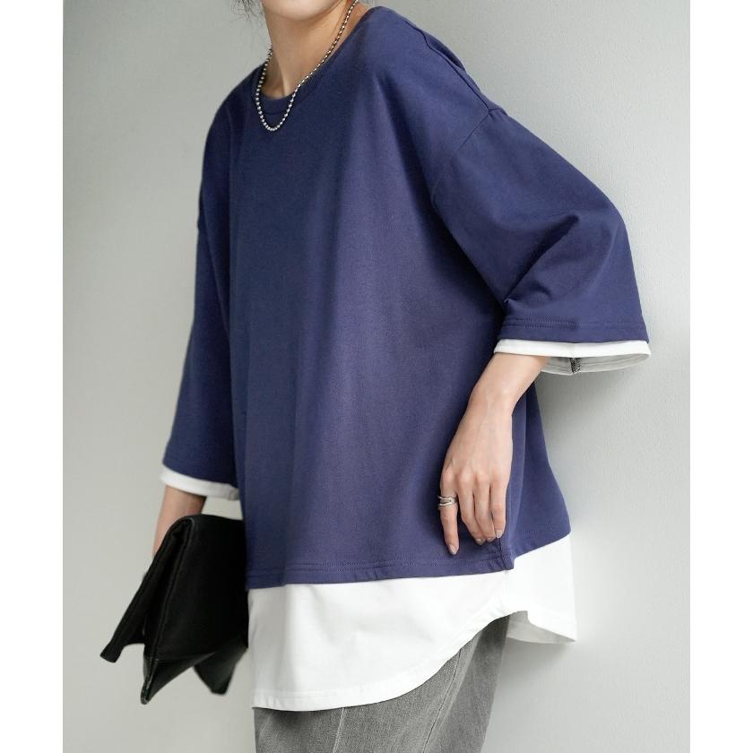 カットソー Tシャツ レイヤード 風 重ね着 二の腕カバー ドルマン ロング トップス ティーシャツ レディース | HUG.U | 09