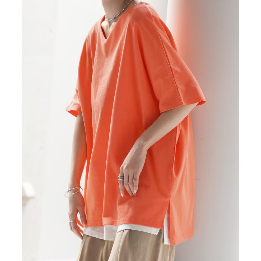 Tシャツ 選べる Uネック Vネック 綿100％ トップス ティーシャツ レディース カットソー 二の腕カバー ドルマン きれいめ ビッグ | HUG.U | 24