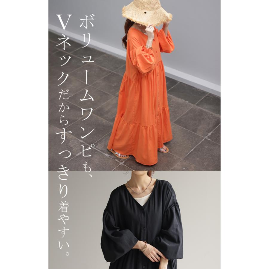 ワンピース ティアード ロング 綿100 レディース ボリューム ロングワンピース Vネック 無地 裏地 フレアワンピース フレア Aライン ギャザーの画像