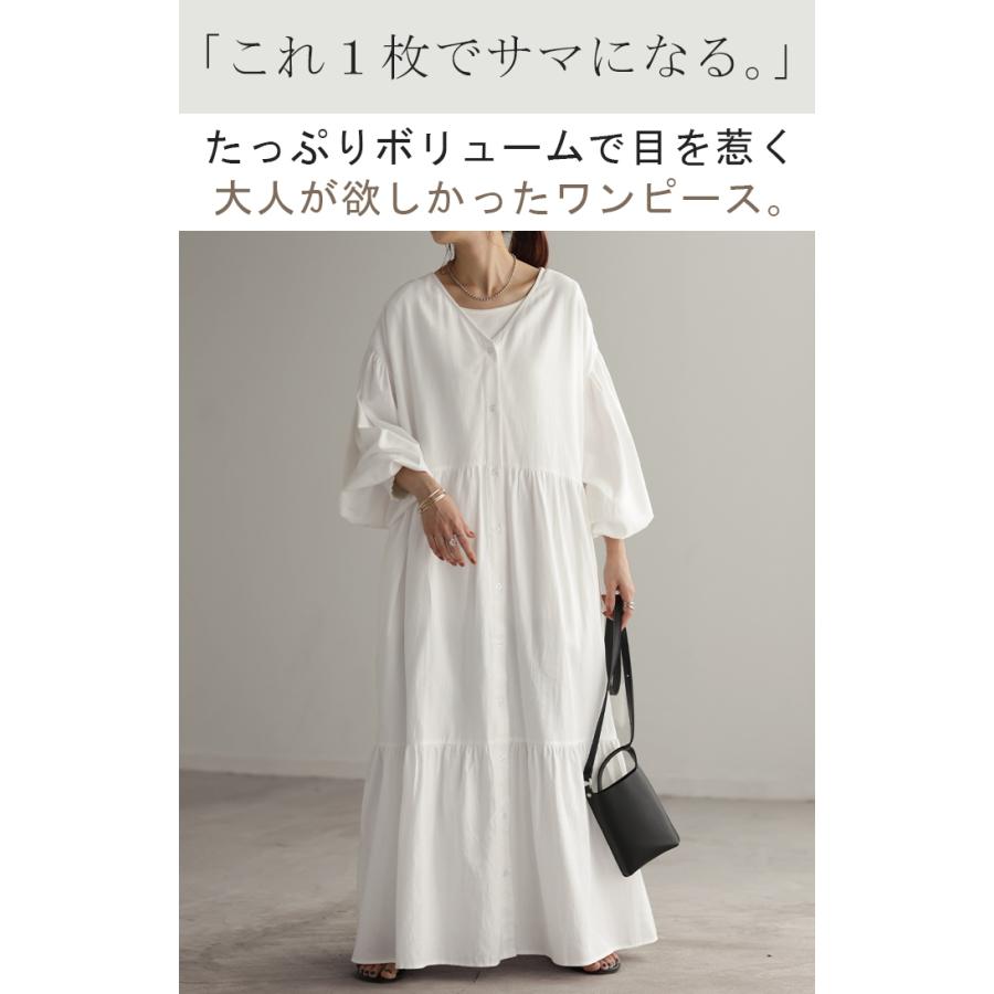 ワンピース ティアード ロング 綿100 レディース ボリューム ロングワンピース Vネック 無地 裏地 フレアワンピース フレア Aライン ギャザーの画像