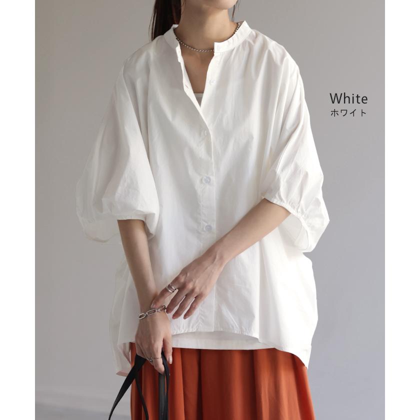 シャツ レディース トップス ロング ロングシャツ チュニック ブラウス オーバーサイズ ゆったり ドルマン ノーカラー キーネック ぽわん袖 | HUG.U | 14