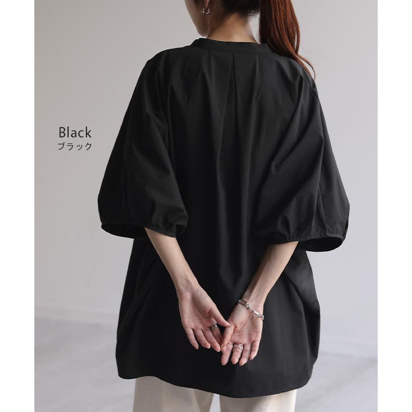 シャツ レディース トップス ロング ロングシャツ チュニック ブラウス オーバーサイズ ゆったり ドルマン ノーカラー キーネック ぽわん袖 | HUG.U | 16
