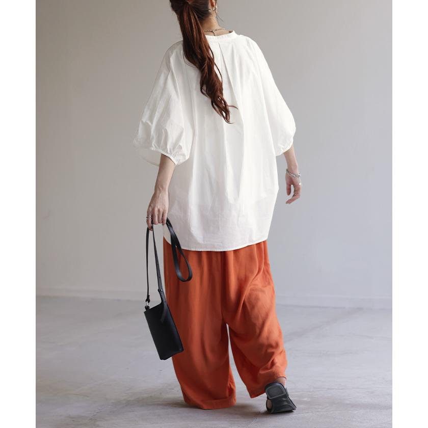 シャツ レディース トップス ロング ロングシャツ チュニック ブラウス オーバーサイズ ゆったり ドルマン ノーカラー キーネック ぽわん袖 | HUG.U | 18