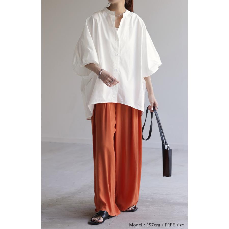 シャツ レディース トップス ロング ロングシャツ チュニック ブラウス オーバーサイズ ゆったり ドルマン ノーカラー キーネック ぽわん袖 | HUG.U | 22