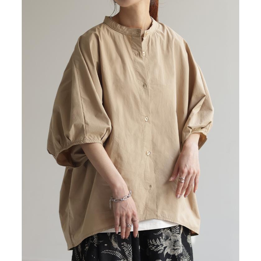 シャツ レディース トップス ロング ロングシャツ チュニック ブラウス オーバーサイズ ゆったり ドルマン ノーカラー キーネック ぽわん袖 | HUG.U | 07