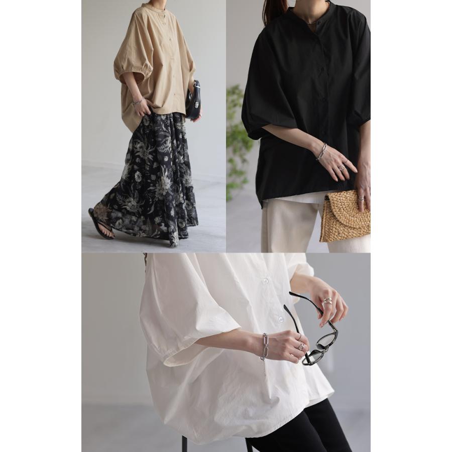 シャツ レディース トップス ロング ロングシャツ チュニック ブラウス オーバーサイズ ゆったり ドルマン ノーカラー キーネック ぽわん袖 | HUG.U | 11