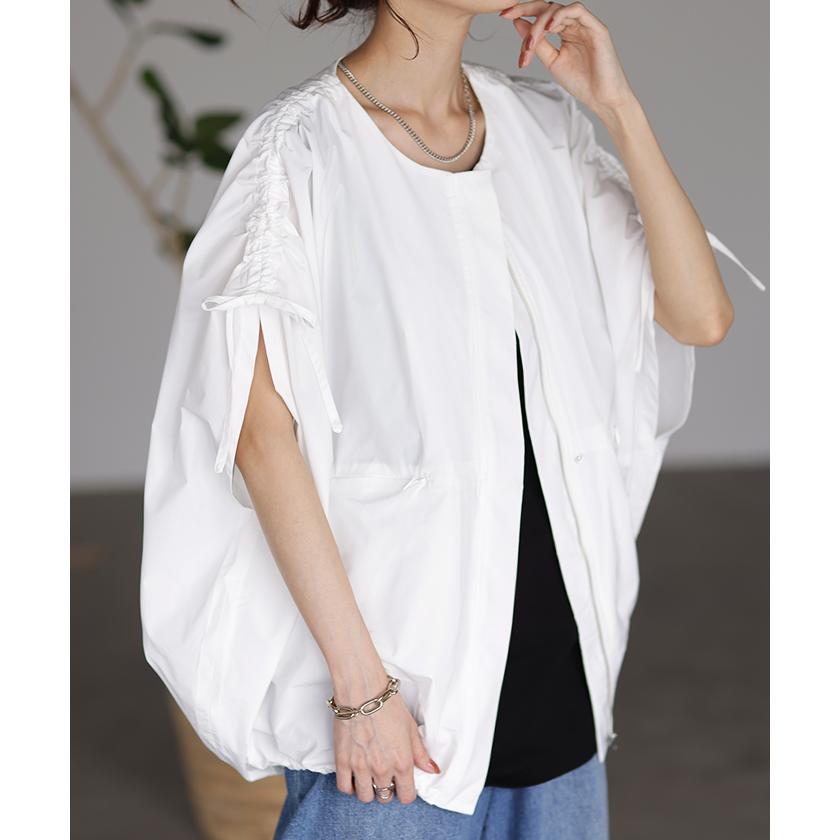 アウター 撥水 レディース トップス ノーカラーライトアウター シャツ ロング リボン ブルゾン ジャンパー オーバーサイズ ゆったり | HUG.U | 08