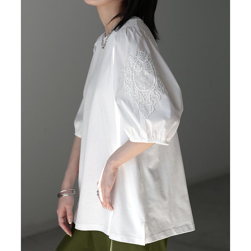 Tシャツ レース 刺繍 袖 ぽわん ドッキング カットソー シャツ ブラウス 重ね着 レイヤード 半袖 ティーシャツ パフスリーブ | HUG.U | 06