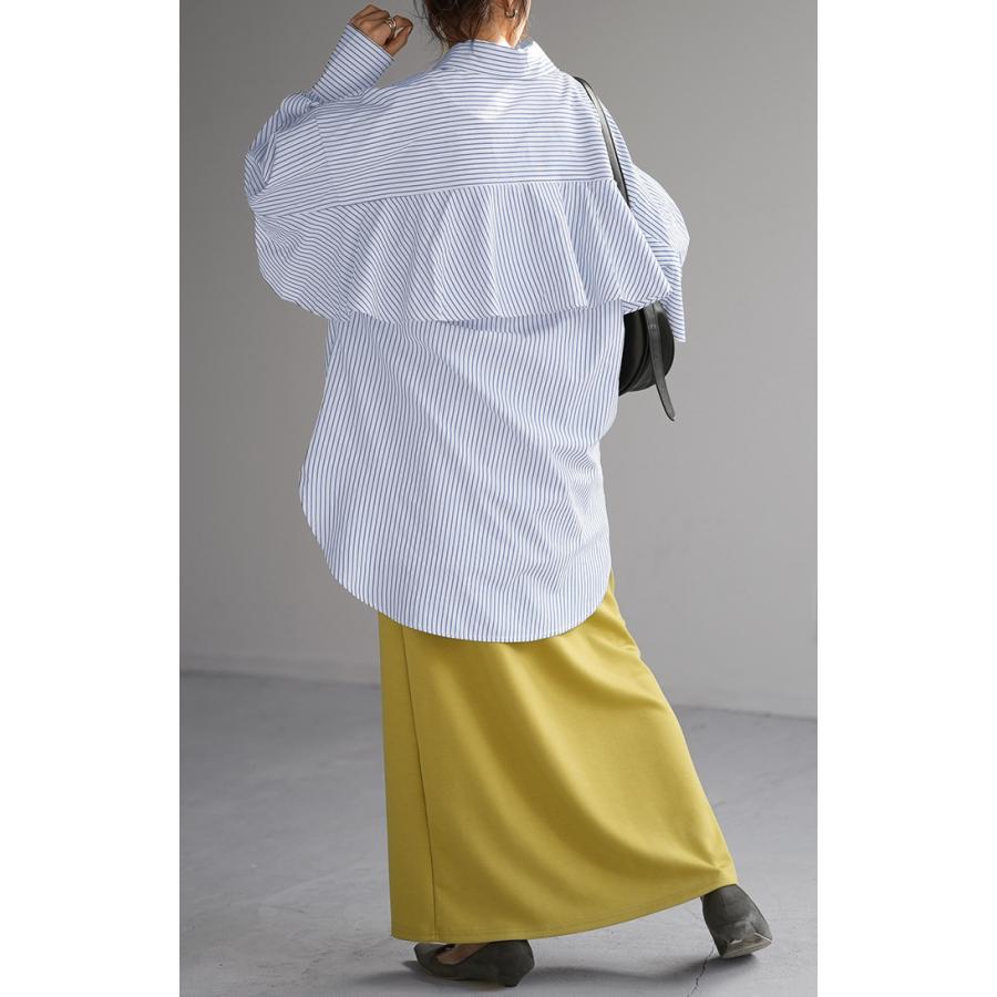 シャツ ストライプ バックフリル トップス レディース シワになりにくい 体型カバー チュニック 長袖 | HUG.U | 17