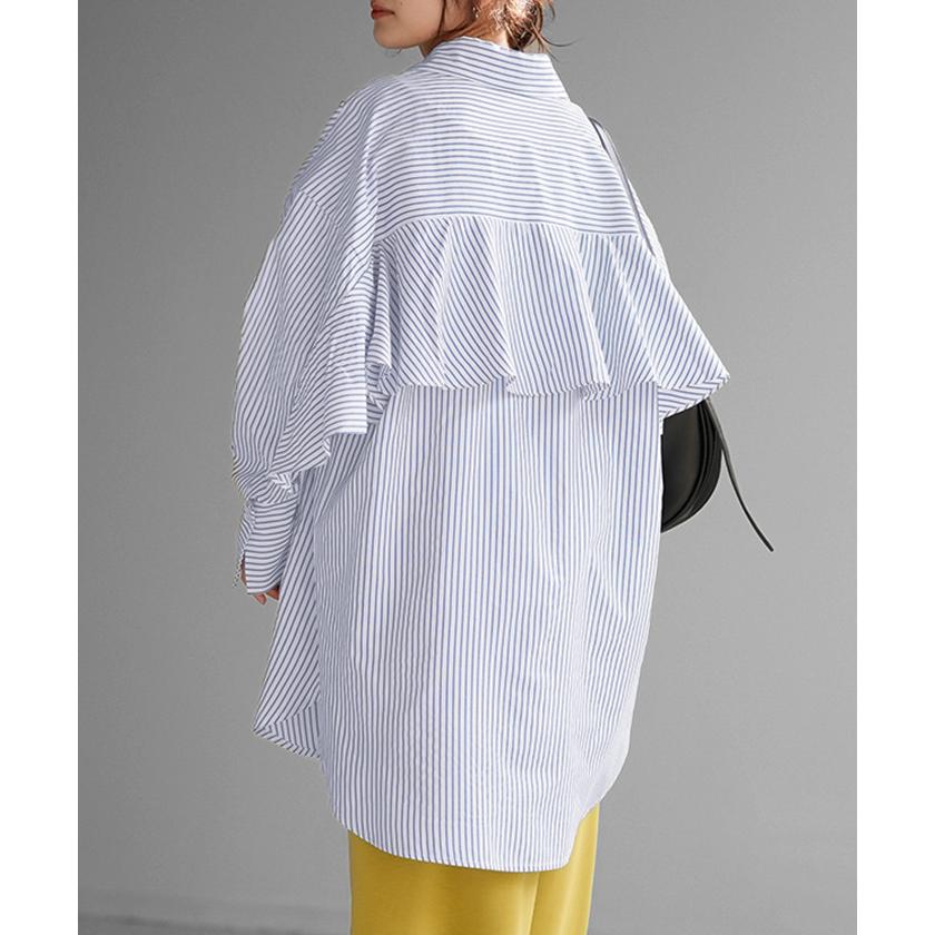 シャツ ストライプ バックフリル トップス レディース シワになりにくい 体型カバー チュニック 長袖 | HUG.U | 07