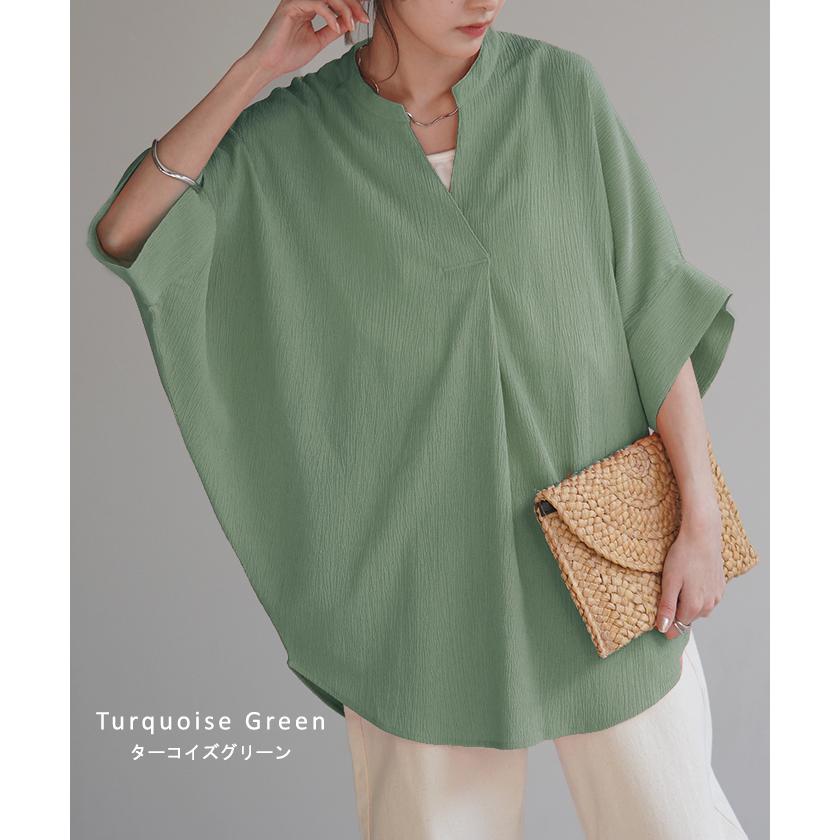 ブラウス 楊柳 キーネック レディース シャツ トップス シアー ロング チュニック 二の腕カバー フレア袖 | HUG.U | 23