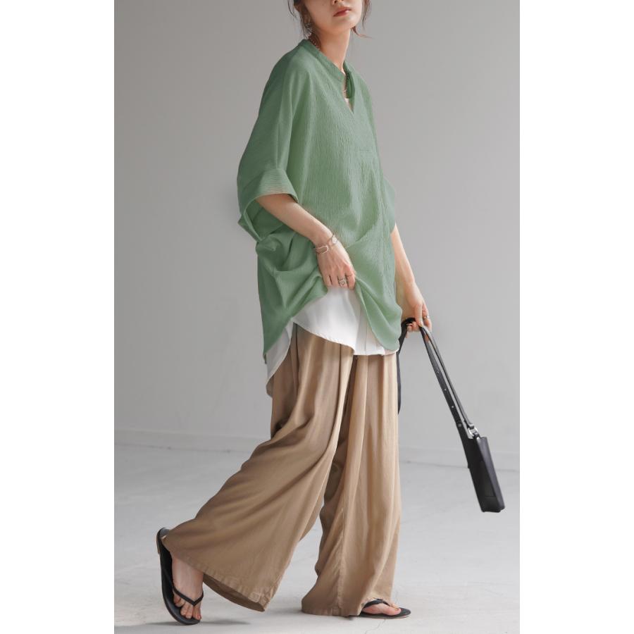 ブラウス 楊柳 キーネック レディース シャツ トップス シアー ロング チュニック 二の腕カバー フレア袖 | HUG.U | 14