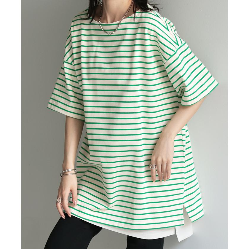 T.japan ボーダーバスクチュニック HUG.U（ハグユー） Tシャツ バスクT ボーダー 綿100％ レディース 半袖