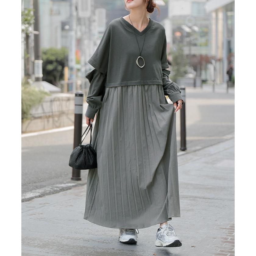 ワンピース ロング 長袖 半袖 2way ワンピ レディース 袖 取り外し 可能 ロングワンピース Aライン マキシ マキシワンピース ワンピ ロングワンピ ドッキング | HUG.U | 06
