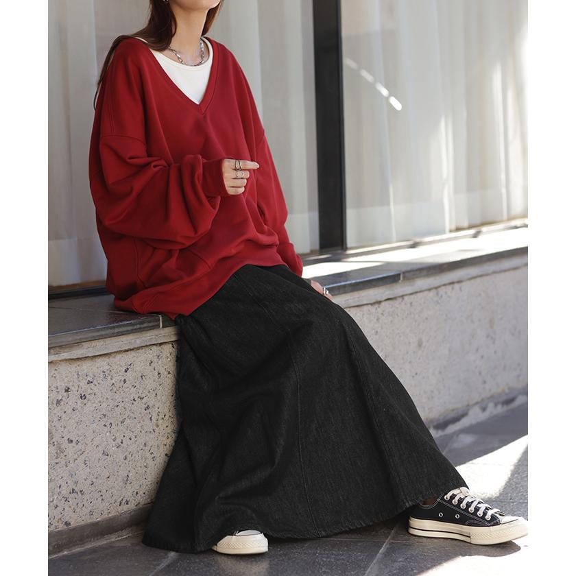 スカート デニム ロング 綿100％ レディース ボトムス フレア Aライン ウエストゴム 無地 コットン100％ | HUG.U | 20