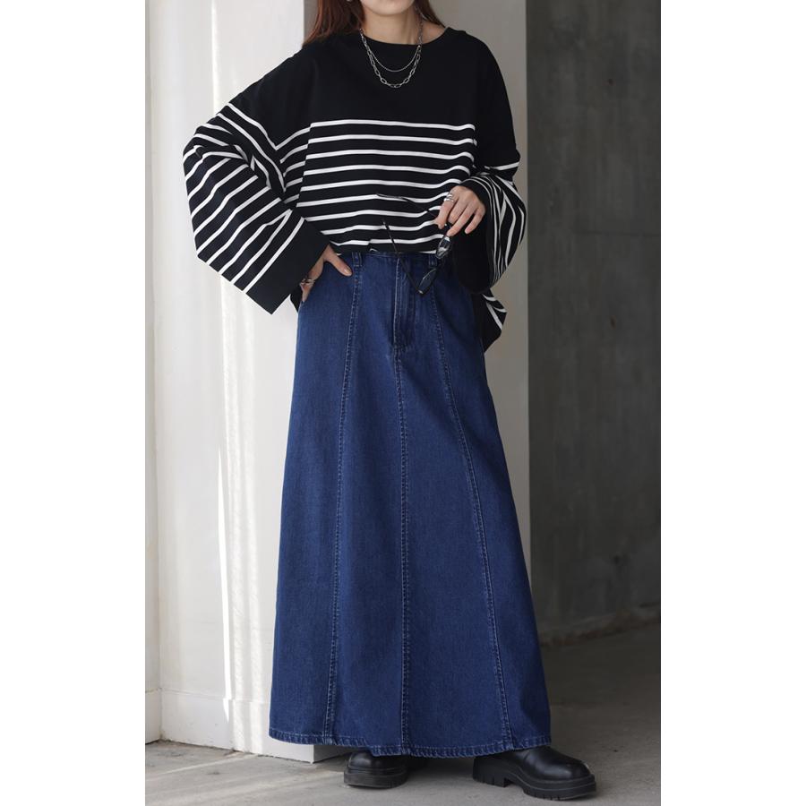 スカート デニム ロング 綿100％ レディース ボトムス フレア Aライン ウエストゴム 無地 コットン100％ | HUG.U | 21