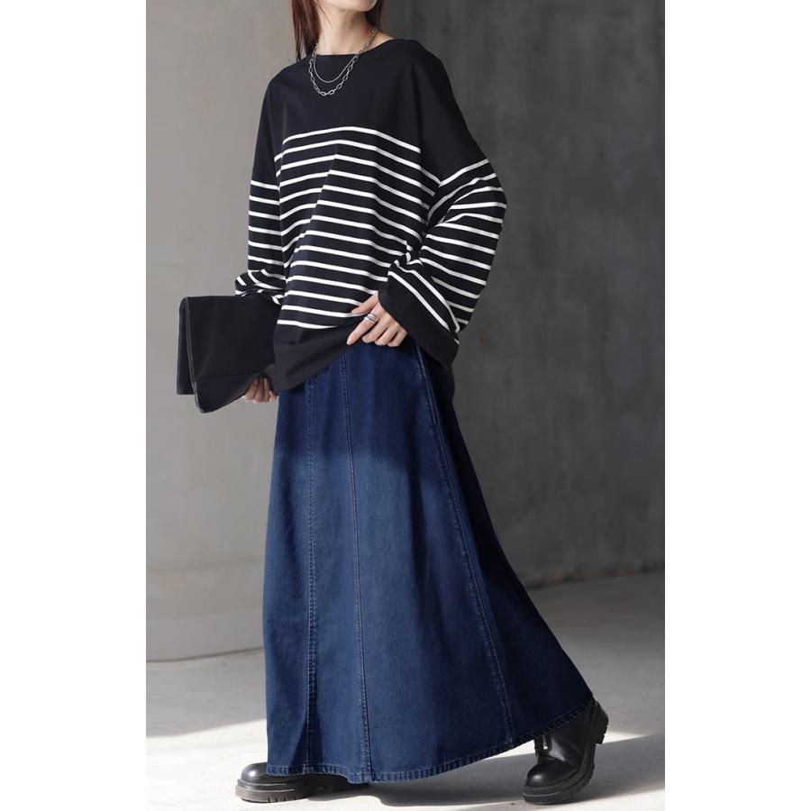 スカート デニム ロング 綿100％ レディース ボトムス フレア Aライン ウエストゴム 無地 コットン100％ | HUG.U | 10