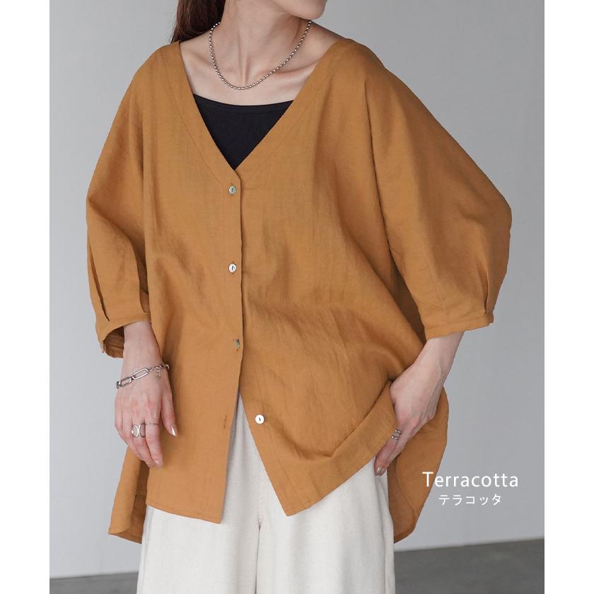 シャツ 麻 レディース トップス ロング ロングシャツ チュニック リネン ブラウス ノーカラー オーバーサイズ 長い ゆったり | HUG.U | 13