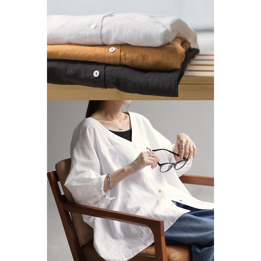 シャツ 麻 レディース トップス ロング ロングシャツ チュニック リネン ブラウス ノーカラー オーバーサイズ 長い ゆったり | HUG.U | 10