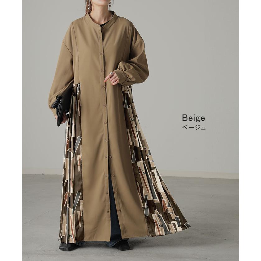 ワンピース シャツ シャツワンピース ノーカラ― シャツワンピ レディース ロング ロングワンピース Aラインの画像