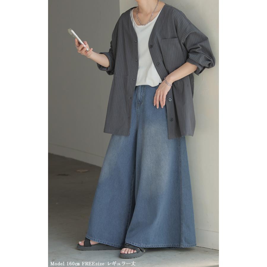 パンツ ワイド デニム ロング 綿100％ レディース ボトムス ボトム ジーンズ ジーパン ロングパンツ ハイウエスト ウエストゴム Aライン フレアデニム | HUG.U | 11