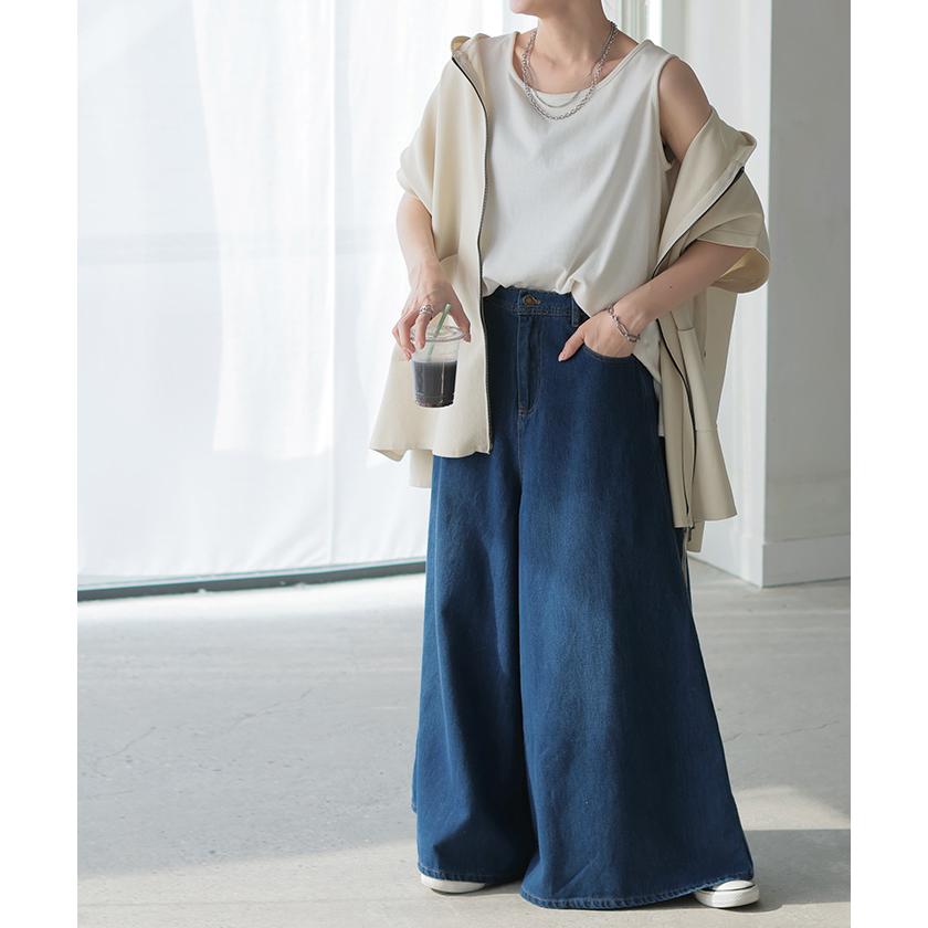 パンツ ワイド デニム ロング 綿100％ レディース ボトムス ボトム ジーンズ ジーパン ロングパンツ ハイウエスト ウエストゴム Aライン フレアデニム | HUG.U | 17