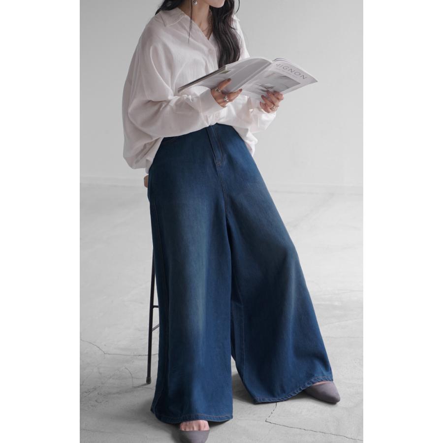 パンツ ワイド デニム ロング 綿100％ レディース ボトムス ボトム ジーンズ ジーパン ロングパンツ ハイウエスト ウエストゴム Aライン フレアデニム | HUG.U | 19