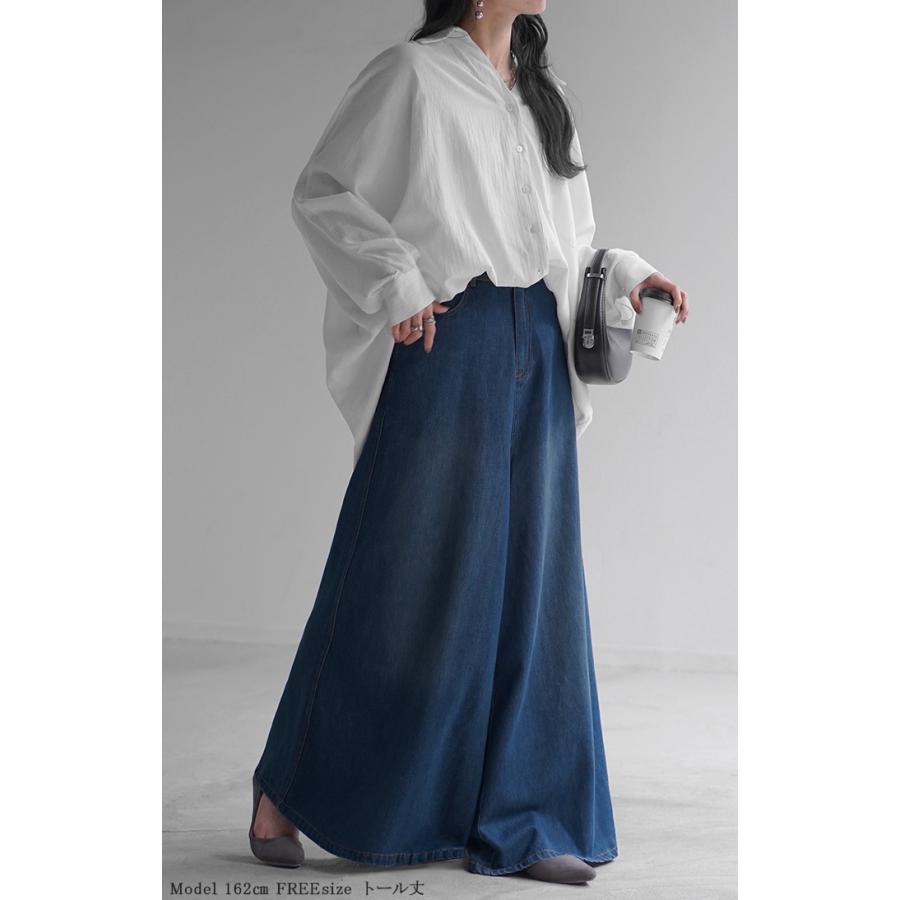 パンツ ワイド デニム ロング 綿100％ レディース ボトムス ボトム ジーンズ ジーパン ロングパンツ ハイウエスト ウエストゴム Aライン フレアデニム | HUG.U | 06