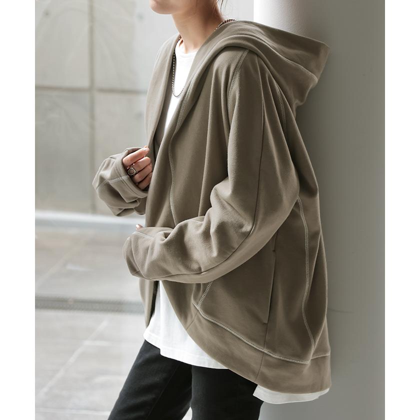 パーカー カーディガン レディース 変形 カーデ ボレロ スウェット トップス ドルマン チュニック ロング 長袖 ケープ アウター ライトアウター | HUG.U | 11