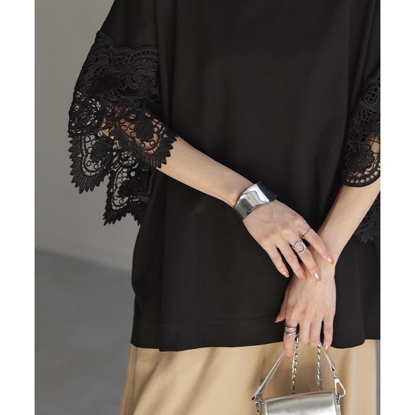 Tシャツ レース 袖 トップス レディース ロング レイヤード 半袖 チュニック 薄手 きれいめ ゆったり ボートネック | HUG.U | 18