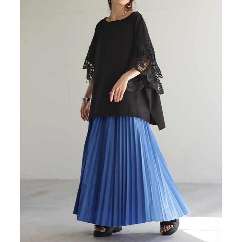 Tシャツ レース 袖 トップス レディース ロング レイヤード 半袖 チュニック 薄手 きれいめ ゆったり ボートネック | HUG.U | 20