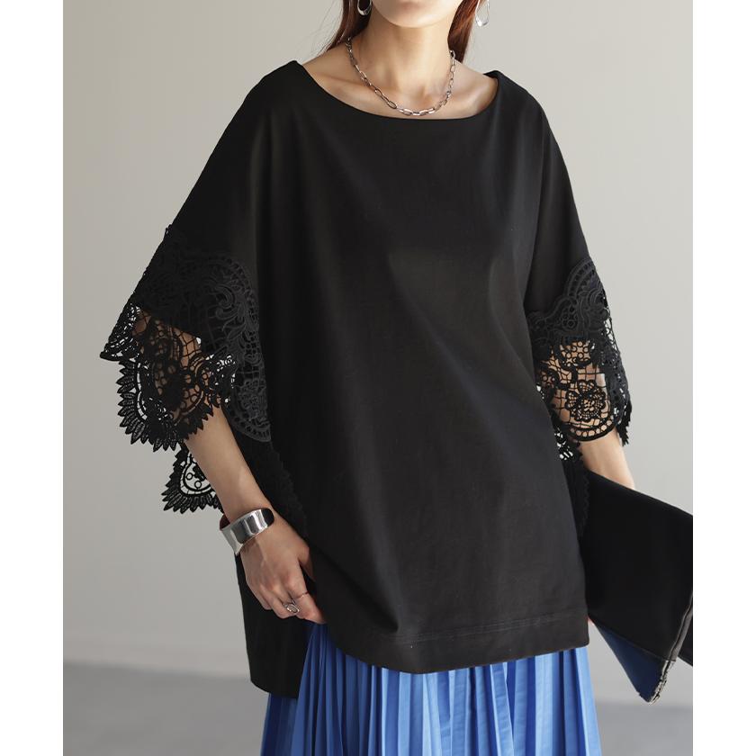 Tシャツ レース 袖 トップス レディース ロング レイヤード 半袖 チュニック 薄手 きれいめ ゆったり ボートネック | HUG.U | 06