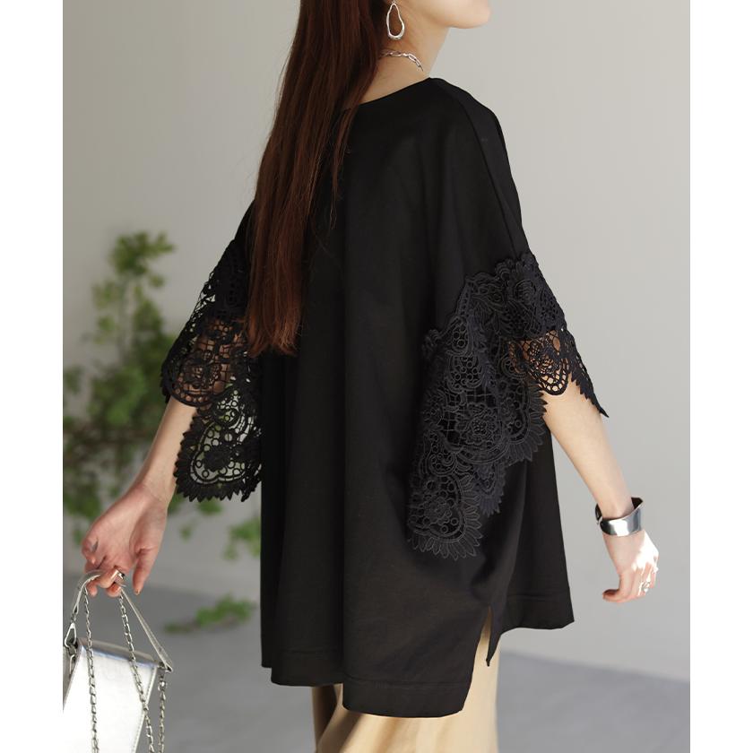 Tシャツ レース 袖 トップス レディース ロング レイヤード 半袖 チュニック 薄手 きれいめ ゆったり ボートネック | HUG.U | 09