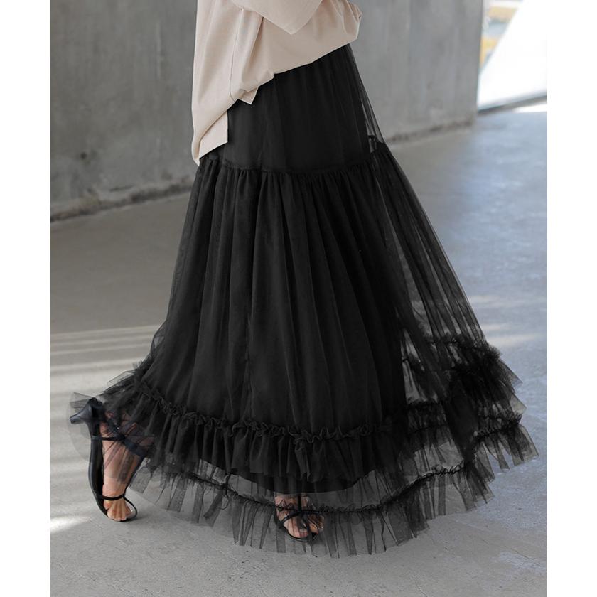 スカート チュール レース レディース ボトムス ロング ロングスカート マキシ マキシスカート Aライン フレア フレアスカート チュールスカート 長い ゴム | HUG.U | 06