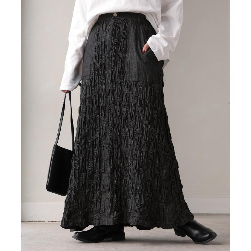 スカート デニムスカート ロング レディース ボトムス 総柄 シャーリング シャーリングスカート デザイン | HUG.U | 06