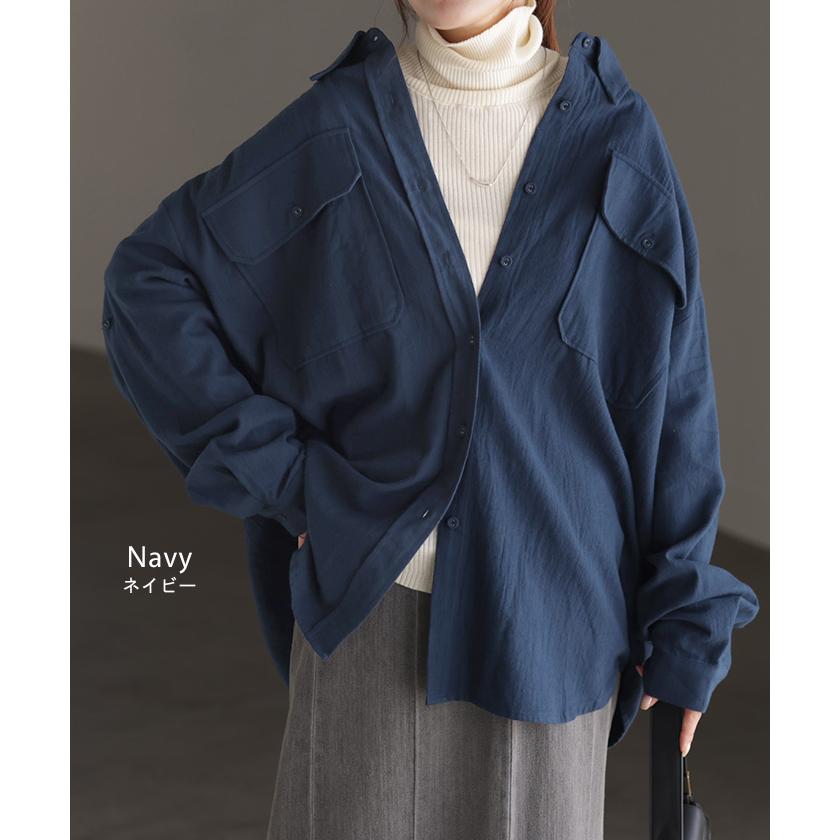 シャツ 微 起毛 綿100％ ロング レディース トップス ブラウス 羽織 レイヤード 裏起毛 重ね着 ドロップショルダー お尻が隠れる 無地 長袖 襟 | HUG.U | 16