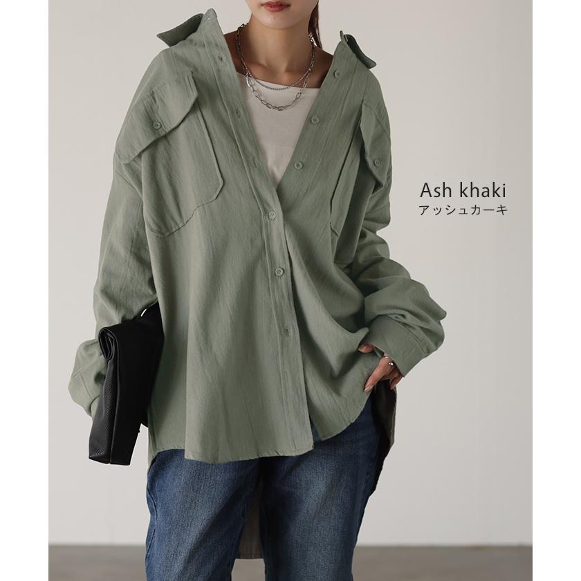 シャツ 微 起毛 綿100％ ロング レディース トップス ブラウス 羽織 レイヤード 裏起毛 重ね着 ドロップショルダー お尻が隠れる 無地 長袖 襟 | HUG.U | 19