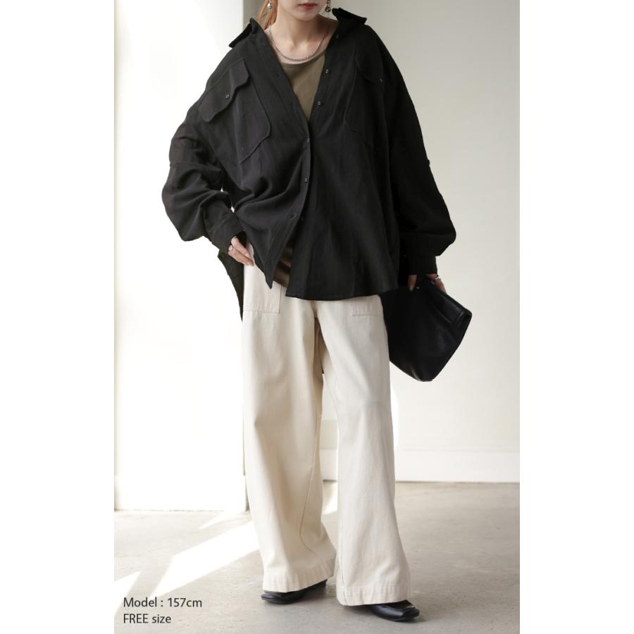 シャツ 微 起毛 綿100％ ロング レディース トップス ブラウス 羽織 レイヤード 裏起毛 重ね着 ドロップショルダー お尻が隠れる 無地 長袖 襟 | HUG.U | 08