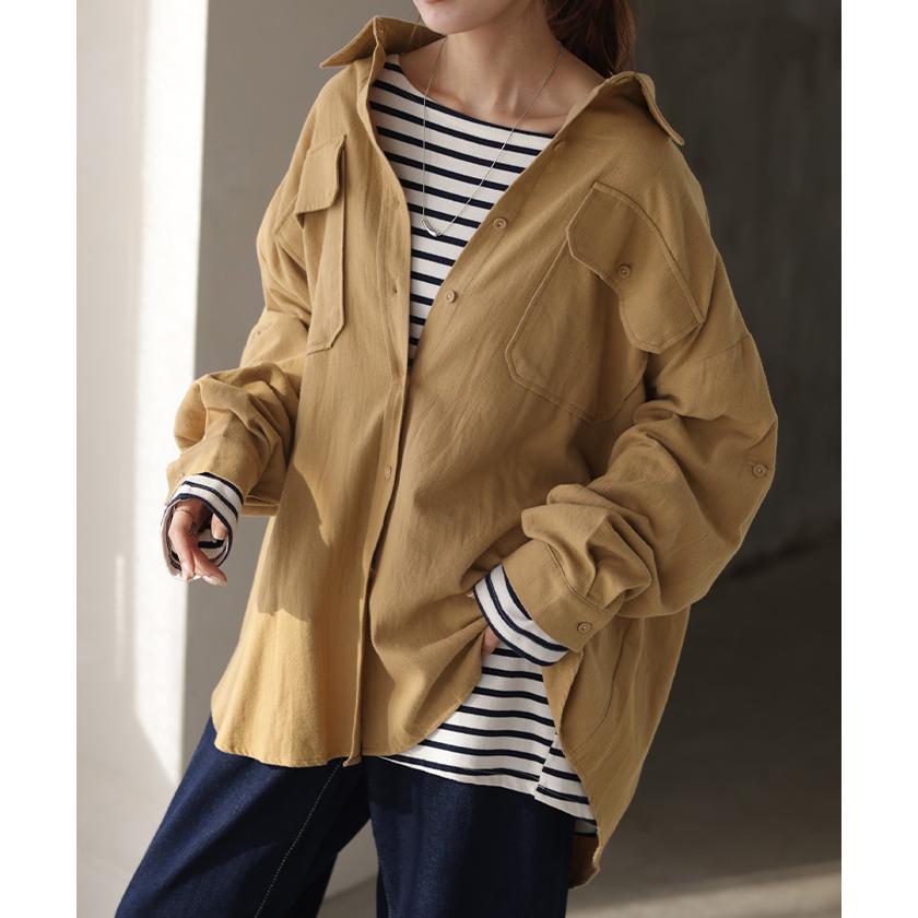 シャツ 微 起毛 綿100％ ロング レディース トップス ブラウス 羽織 レイヤード 裏起毛 重ね着 ドロップショルダー お尻が隠れる 無地 長袖 襟 | HUG.U | 09