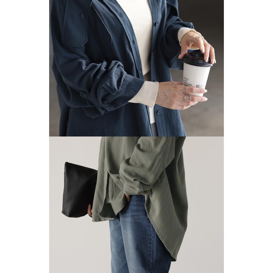 シャツ 微 起毛 綿100％ ロング レディース トップス ブラウス 羽織 レイヤード 裏起毛 重ね着 ドロップショルダー お尻が隠れる 無地 長袖 襟 | HUG.U | 10